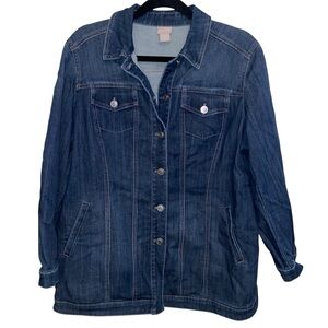 Chicos Jean Jacket Womens Size 2 P US 12-14 Blue Denim Longer Length Stretch